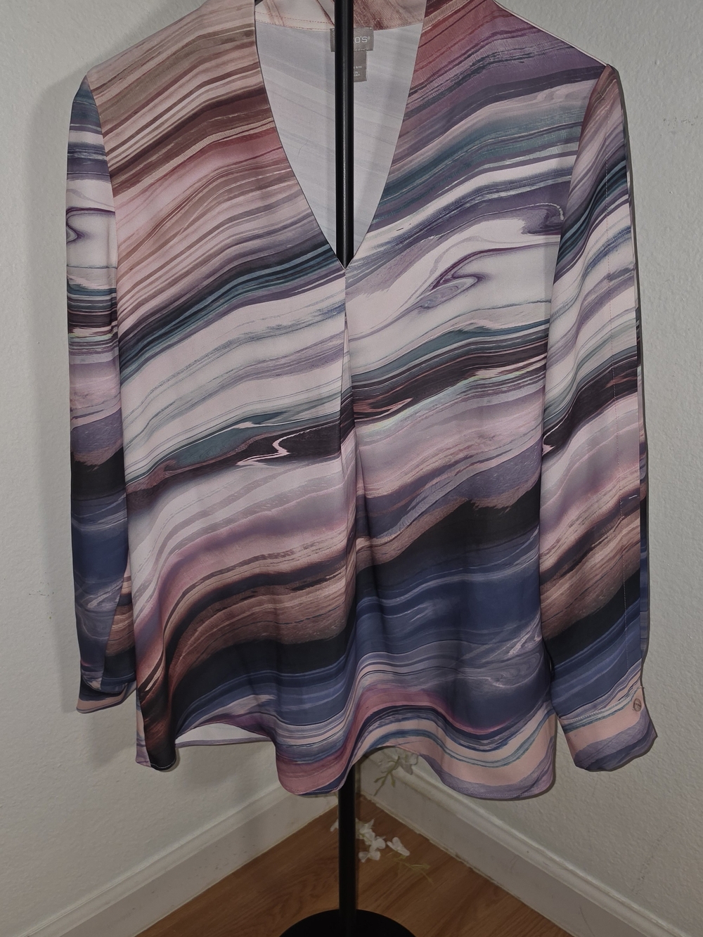 Chico's Multicolor Marble-Print V-Neck Blouse — Purple, Pink, Blue